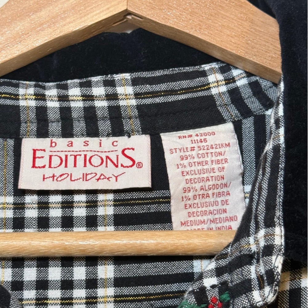 Vintage Basic Editions Holiday Plaid Shirt Velvet Collar Holly Embroidery M - Picture 2 of 7